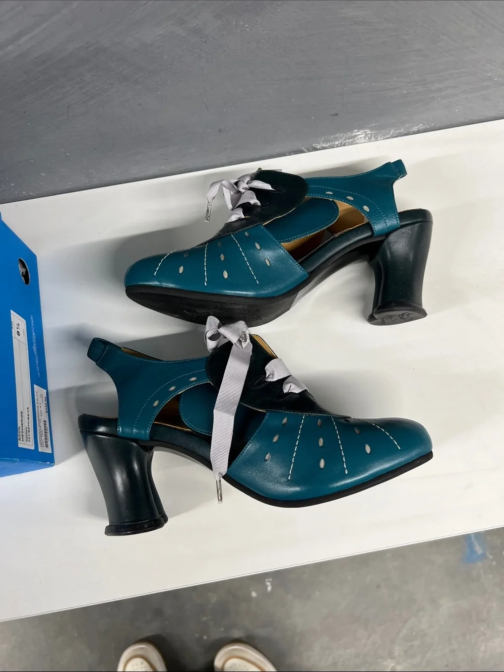 John Fluevog Teal and Black Slingback Heels with Ribbon Tie - Picture 7 of 8